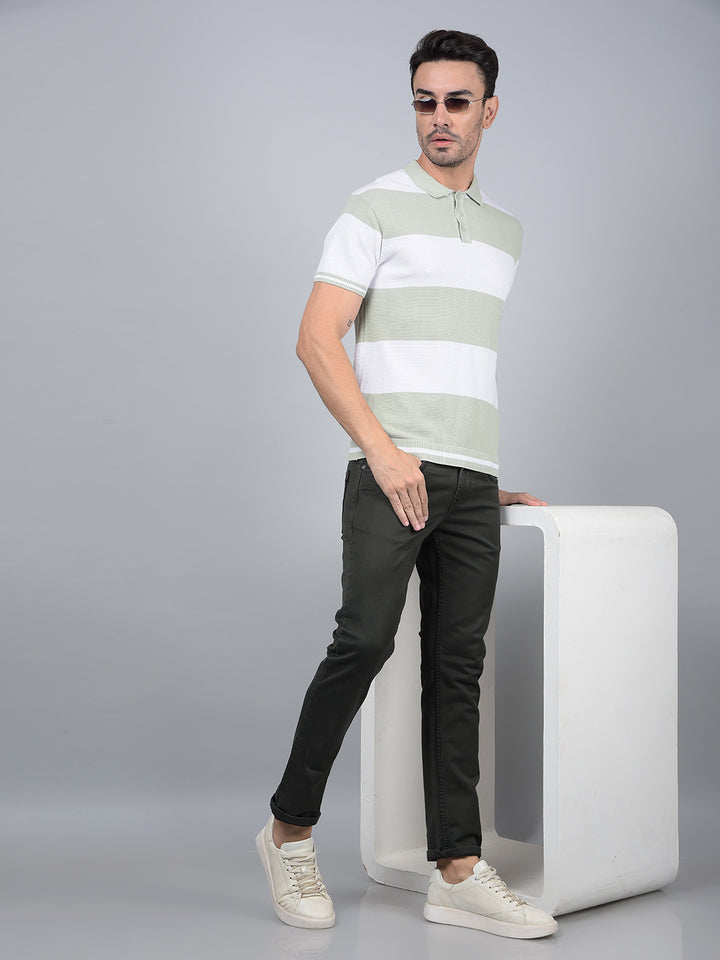 Green Horizontal Stripes 100% Cotton Polo Neck T-Shirt-Men T-Shirts-Crimsoune Club