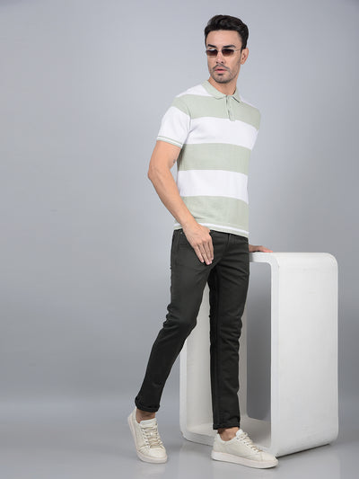 Green Horizontal Stripes 100% Cotton Polo Neck T-Shirt-Men T-Shirts-Crimsoune Club