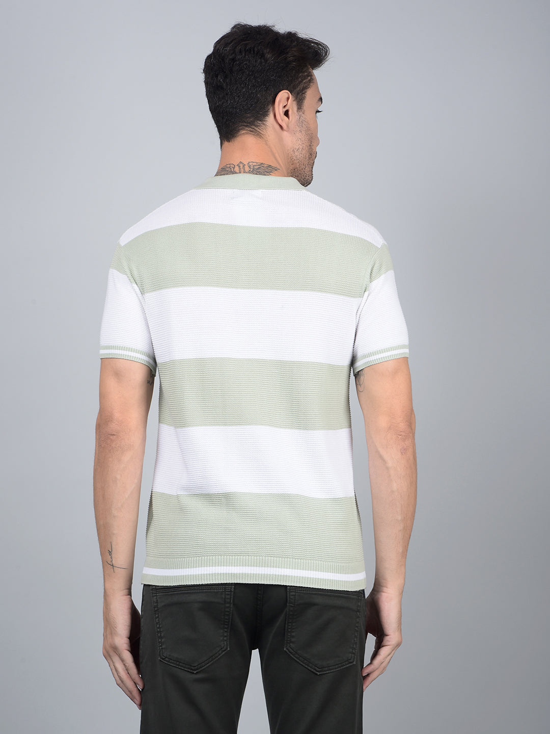Green Horizontal Stripes 100% Cotton Polo Neck T-Shirt-Men T-Shirts-Crimsoune Club