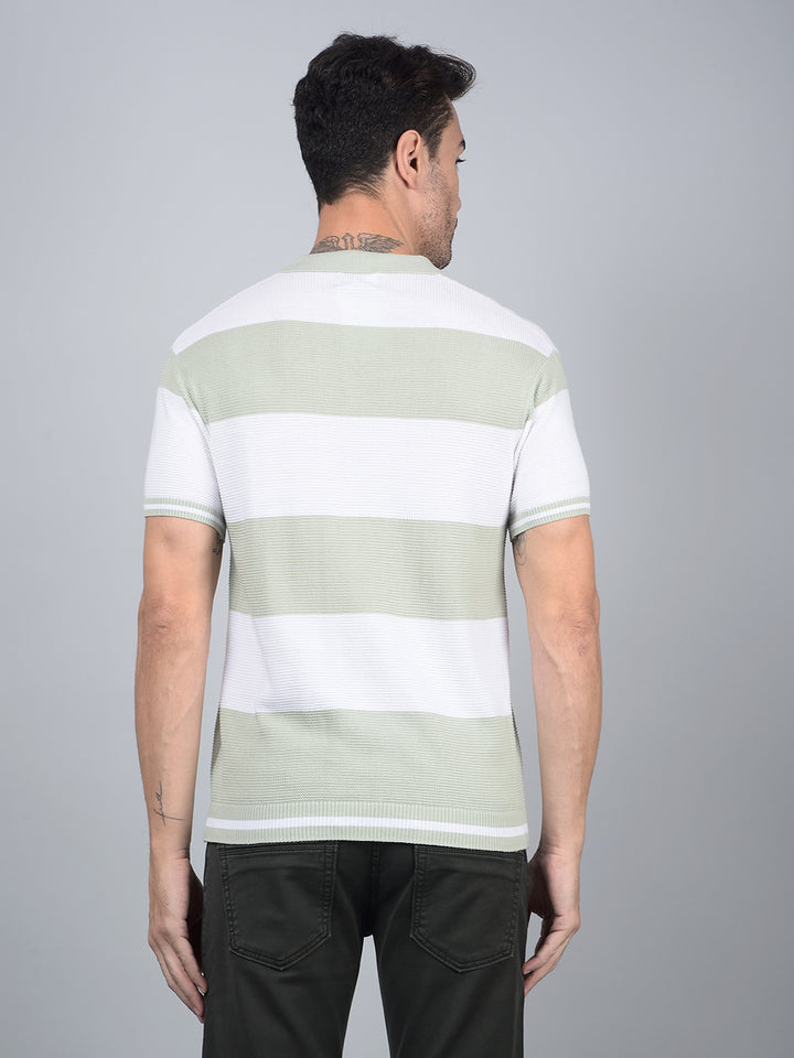 Green Horizontal Stripes 100% Cotton Polo Neck T-Shirt-Men T-Shirts-Crimsoune Club