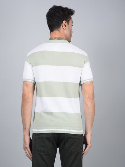 Green Horizontal Stripes 100% Cotton Polo Neck T-Shirt-Men T-Shirts-Crimsoune Club