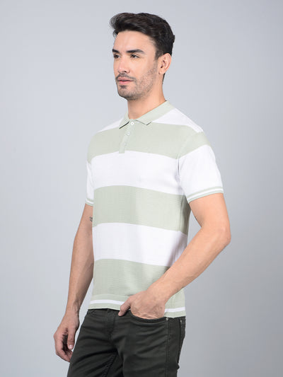 Green Horizontal Stripes 100% Cotton Polo Neck T-Shirt-Men T-Shirts-Crimsoune Club
