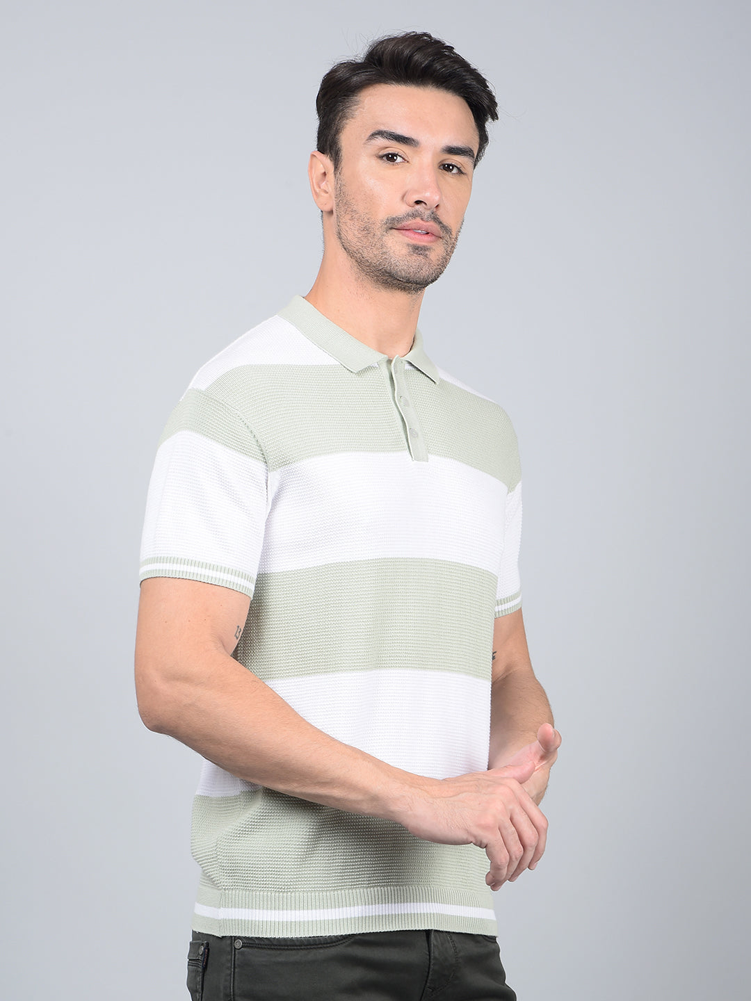 Green Horizontal Stripes 100% Cotton Polo Neck T-Shirt-Men T-Shirts-Crimsoune Club
