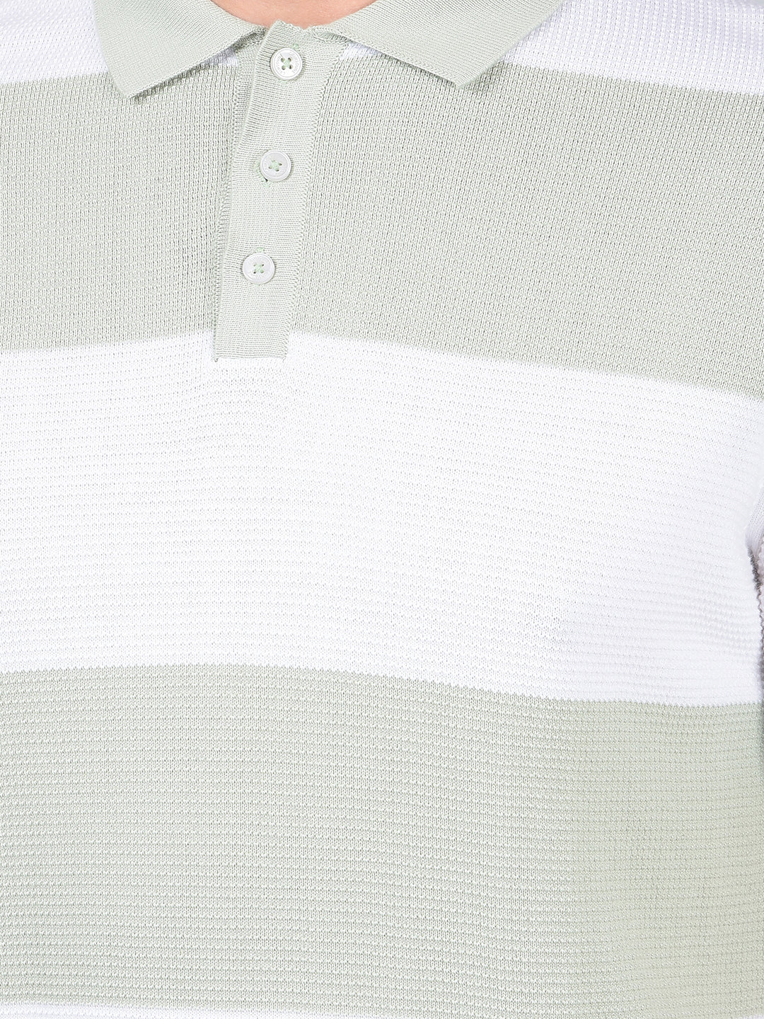 Green Horizontal Stripes 100% Cotton Polo Neck T-Shirt-Men T-Shirts-Crimsoune Club