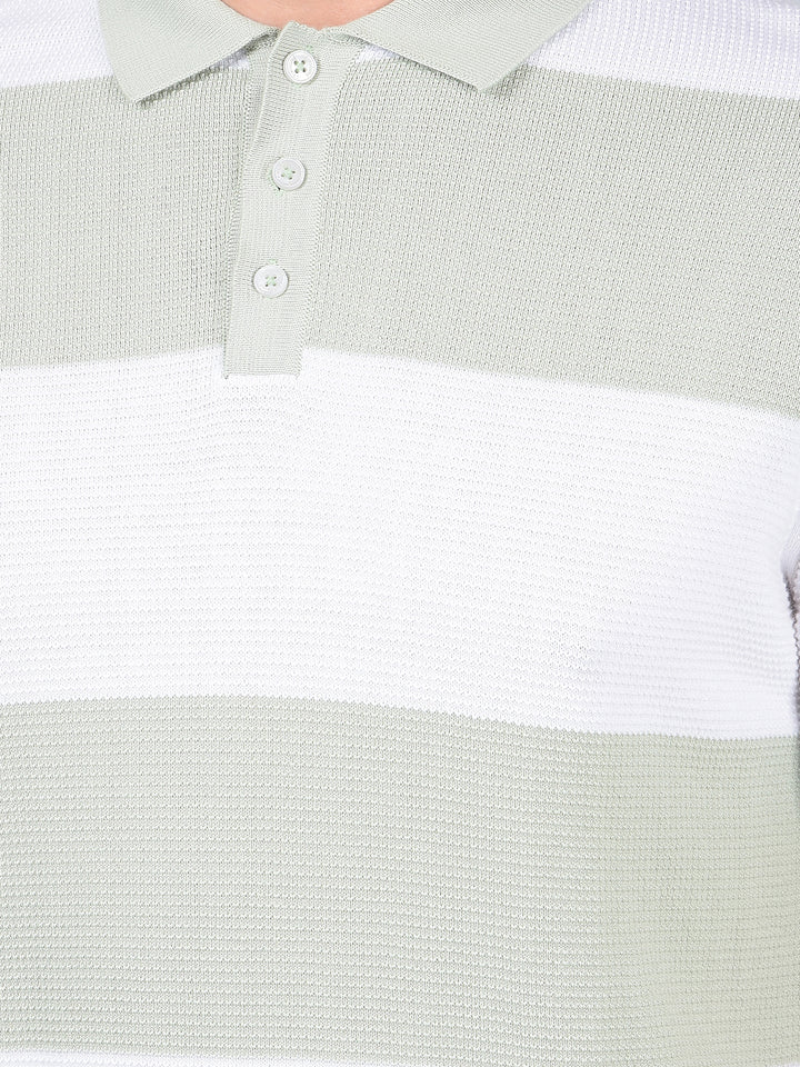 Green Horizontal Stripes 100% Cotton Polo Neck T-Shirt-Men T-Shirts-Crimsoune Club