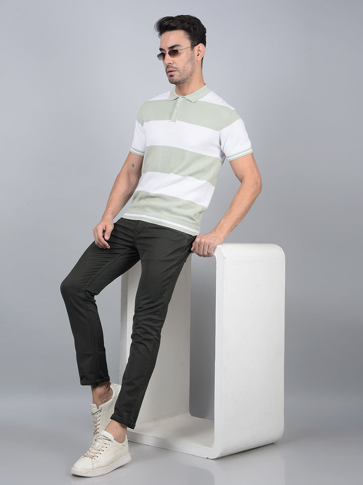 Green Horizontal Stripes 100% Cotton Polo Neck T-Shirt-Men T-Shirts-Crimsoune Club
