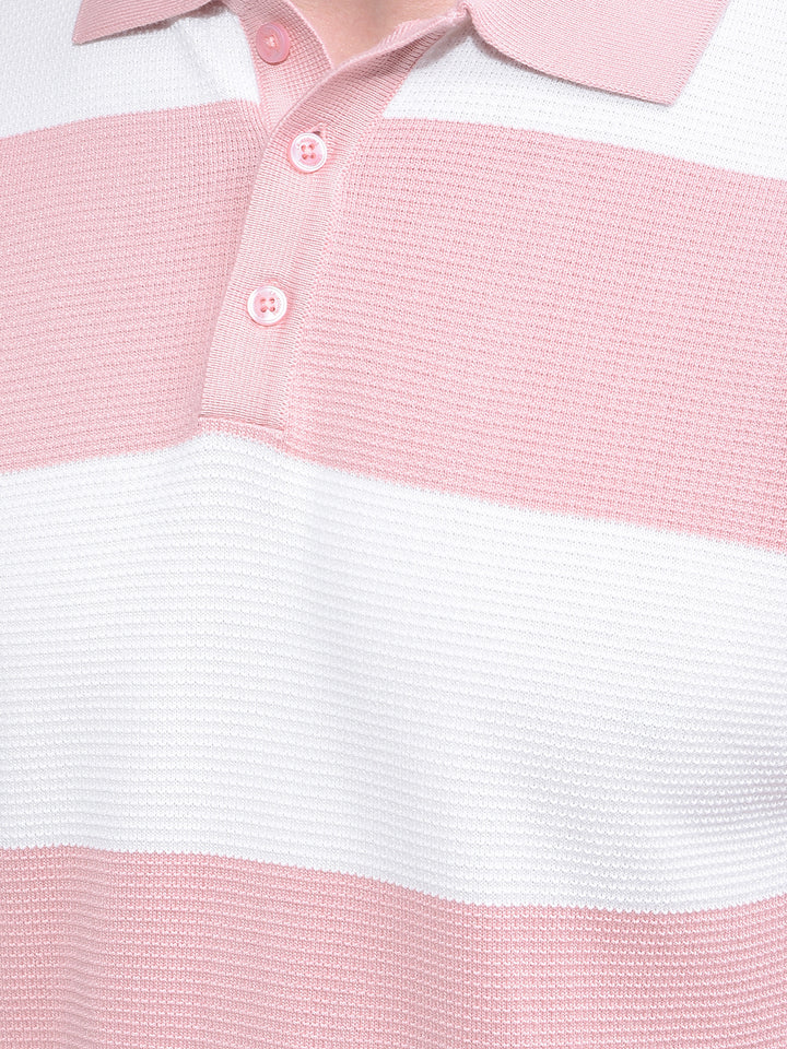 Pink Horizontal Stripes 100% Cotton Polo Neck T-Shirt-Men T-Shirts-Crimsoune Club