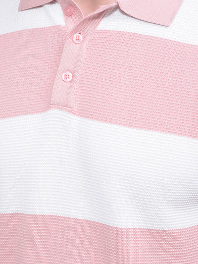 Pink Horizontal Stripes 100% Cotton Polo Neck T-Shirt-Men T-Shirts-Crimsoune Club