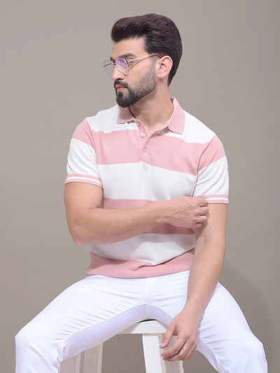 Pink Horizontal Stripes 100% Cotton Polo Neck T-Shirt-Men T-Shirts-Crimsoune Club