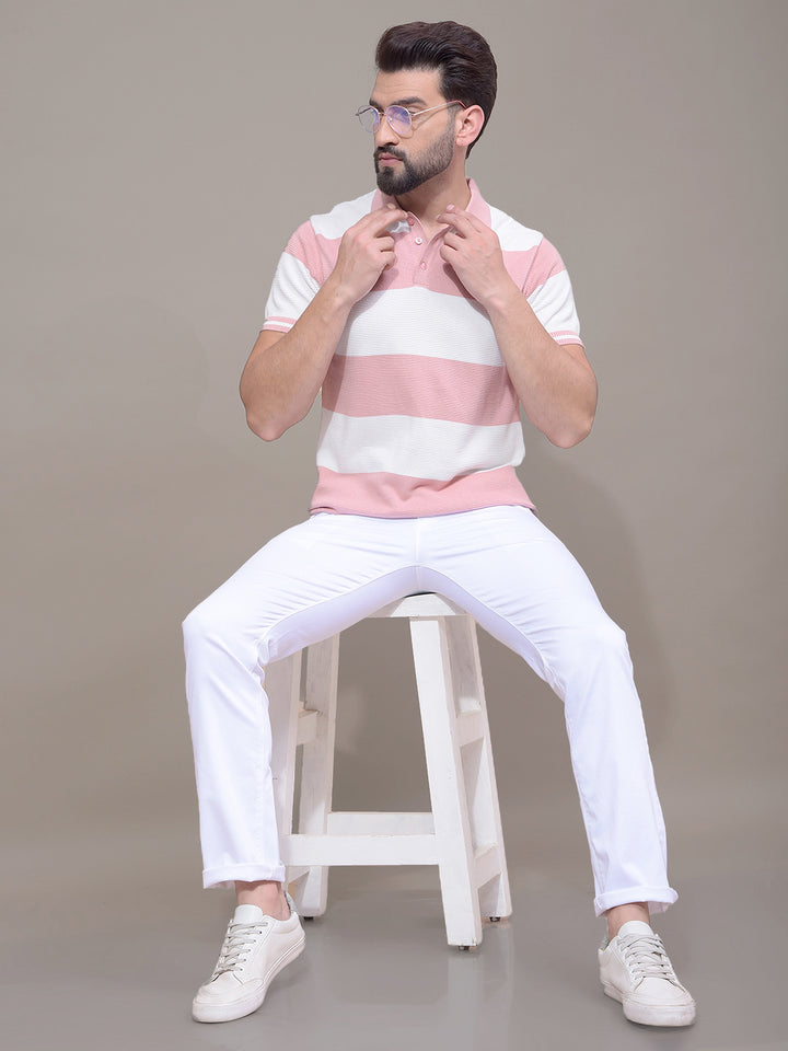 Pink Horizontal Stripes 100% Cotton Polo Neck T-Shirt-Men T-Shirts-Crimsoune Club