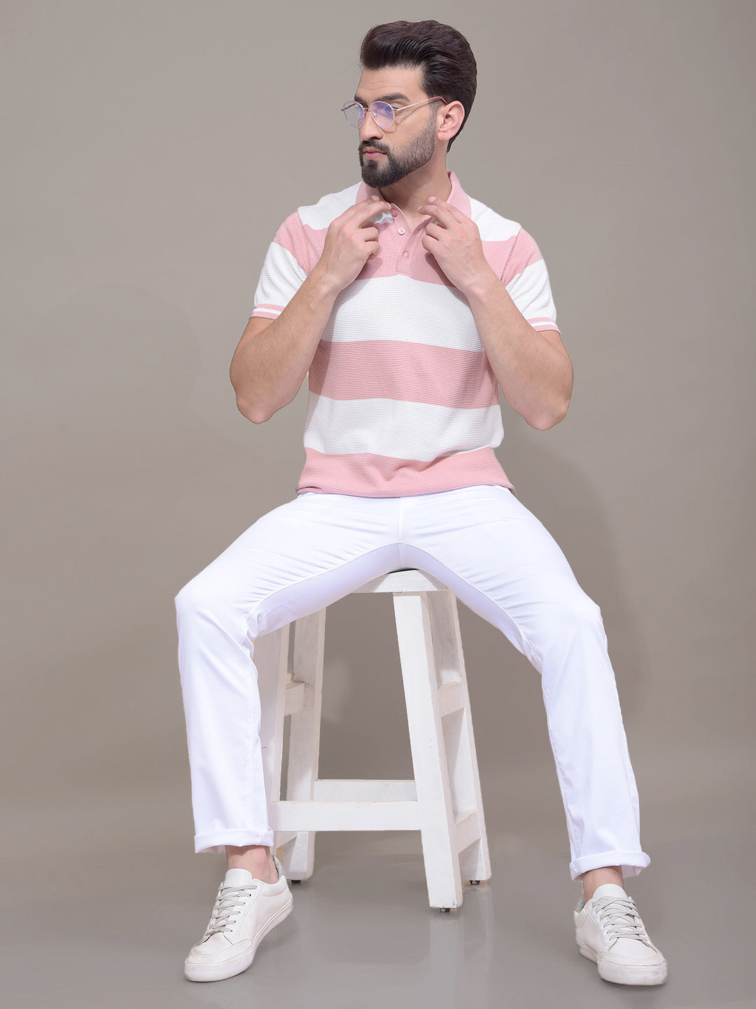 Pink Horizontal Stripes 100% Cotton Polo Neck T-Shirt-Men T-Shirts-Crimsoune Club