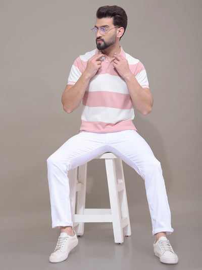Pink Horizontal Stripes 100% Cotton Polo Neck T-Shirt-Men T-Shirts-Crimsoune Club