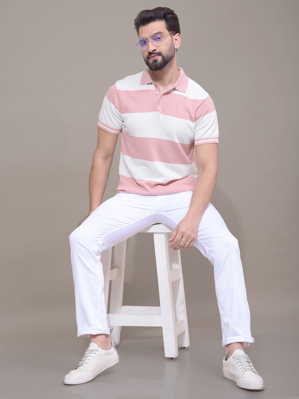 Pink Horizontal Stripes 100% Cotton Polo Neck T-Shirt-Men T-Shirts-Crimsoune Club