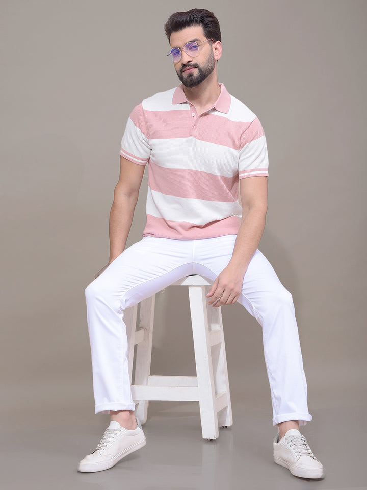 Pink Horizontal Stripes 100% Cotton Polo Neck T-Shirt-Men T-Shirts-Crimsoune Club
