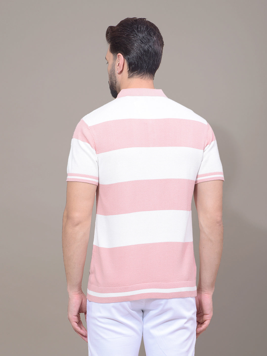Pink Horizontal Stripes 100% Cotton Polo Neck T-Shirt-Men T-Shirts-Crimsoune Club
