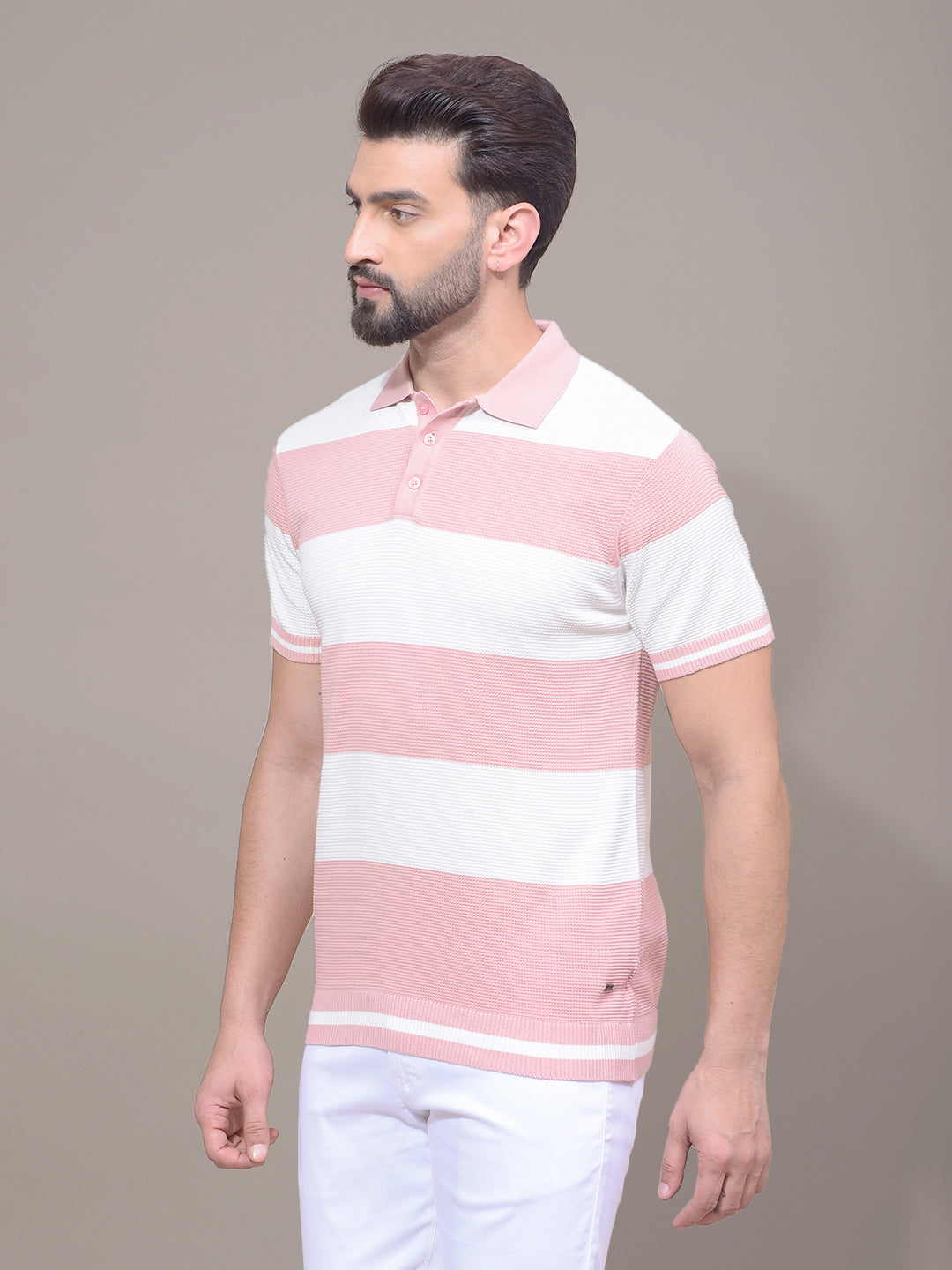 Pink Horizontal Stripes 100% Cotton Polo Neck T-Shirt-Men T-Shirts-Crimsoune Club