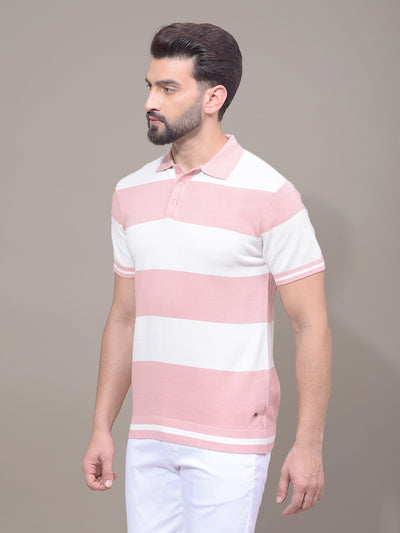 Pink Horizontal Stripes 100% Cotton Polo Neck T-Shirt-Men T-Shirts-Crimsoune Club