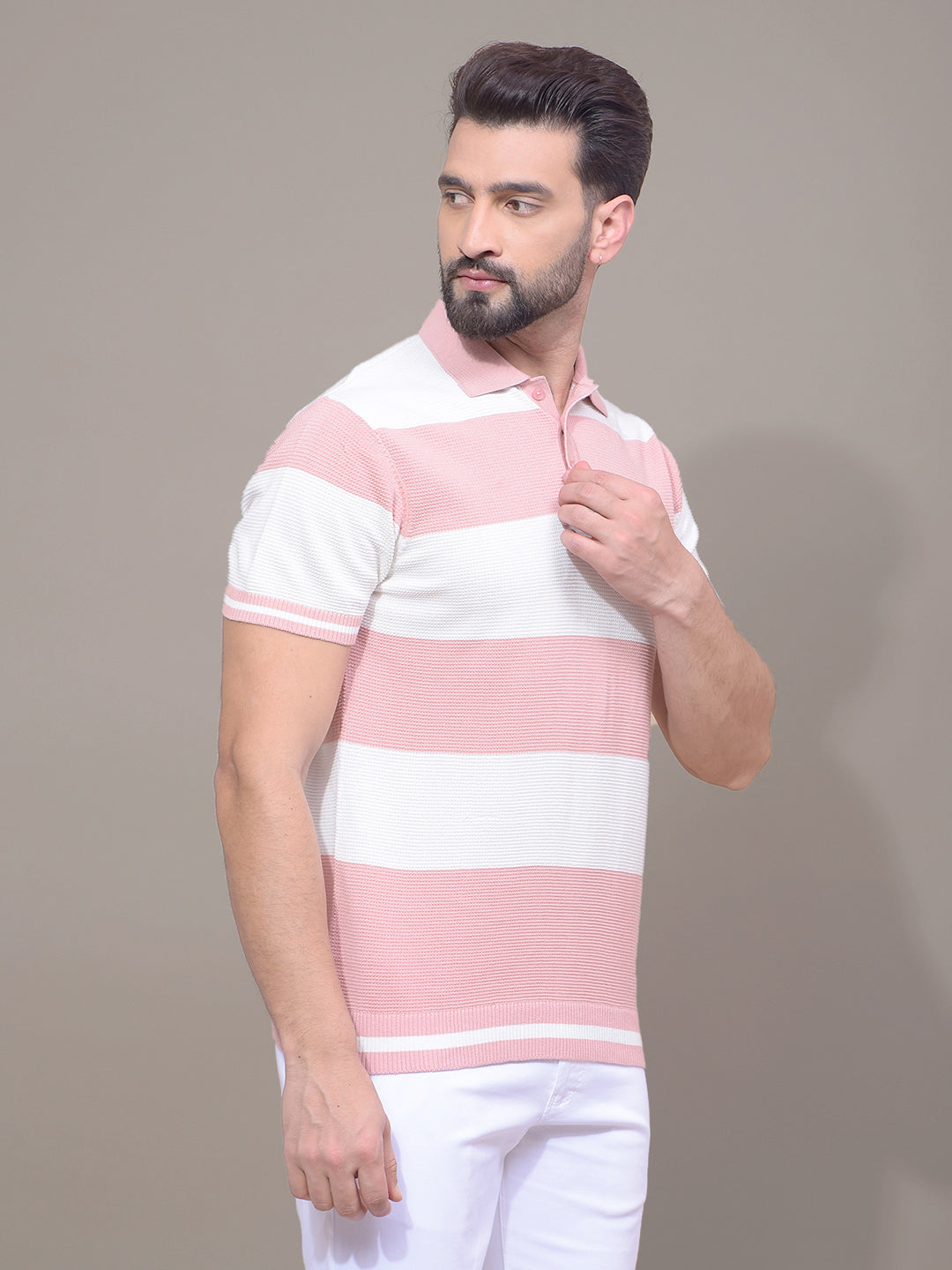 Pink Horizontal Stripes 100% Cotton Polo Neck T-Shirt-Men T-Shirts-Crimsoune Club