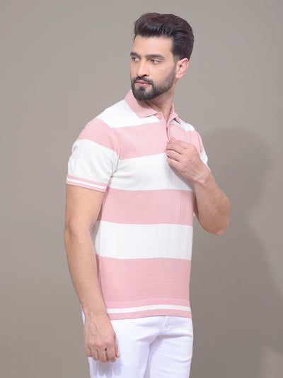 Pink Horizontal Stripes 100% Cotton Polo Neck T-Shirt-Men T-Shirts-Crimsoune Club