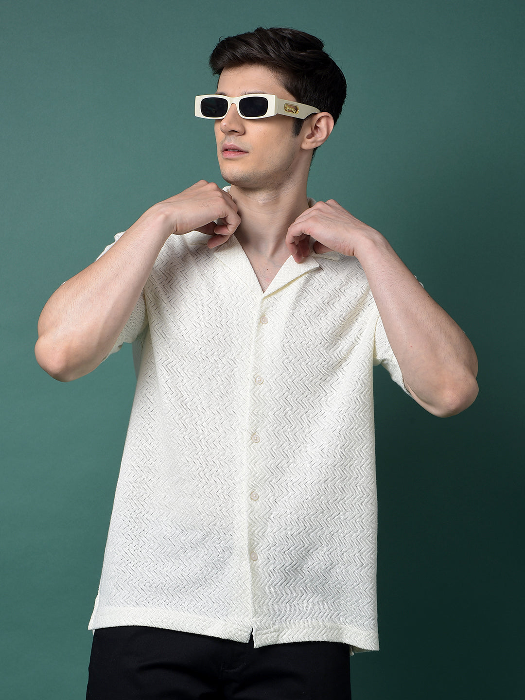 Cream Jacquard Resort Collar Shirt-Men Shirts-Crimsoune Club