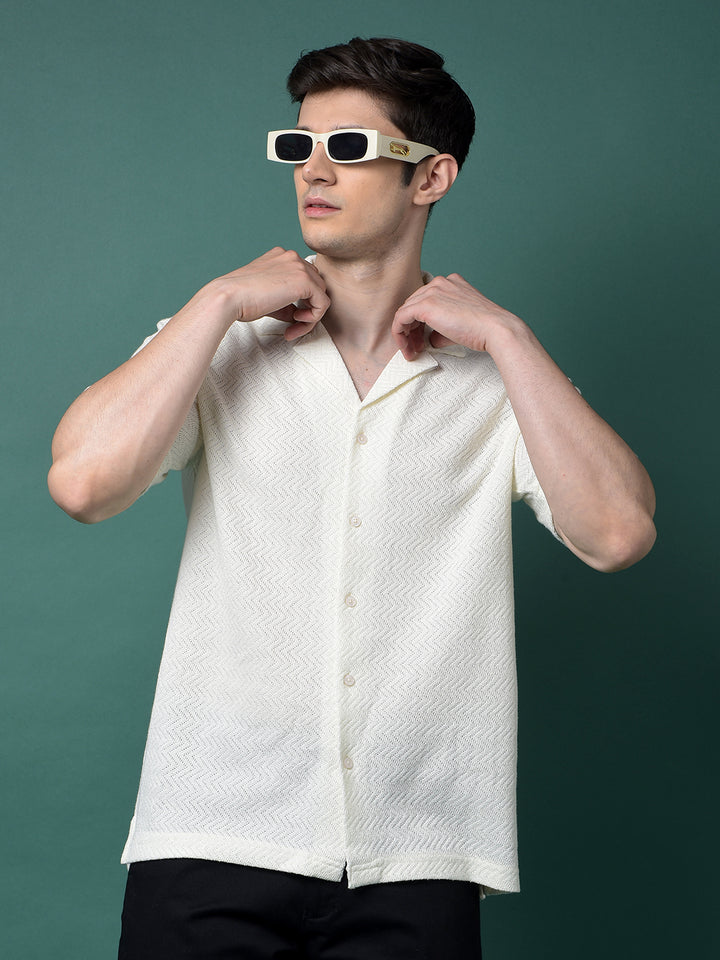 Cream Jacquard Resort Collar Shirt-Men Shirts-Crimsoune Club