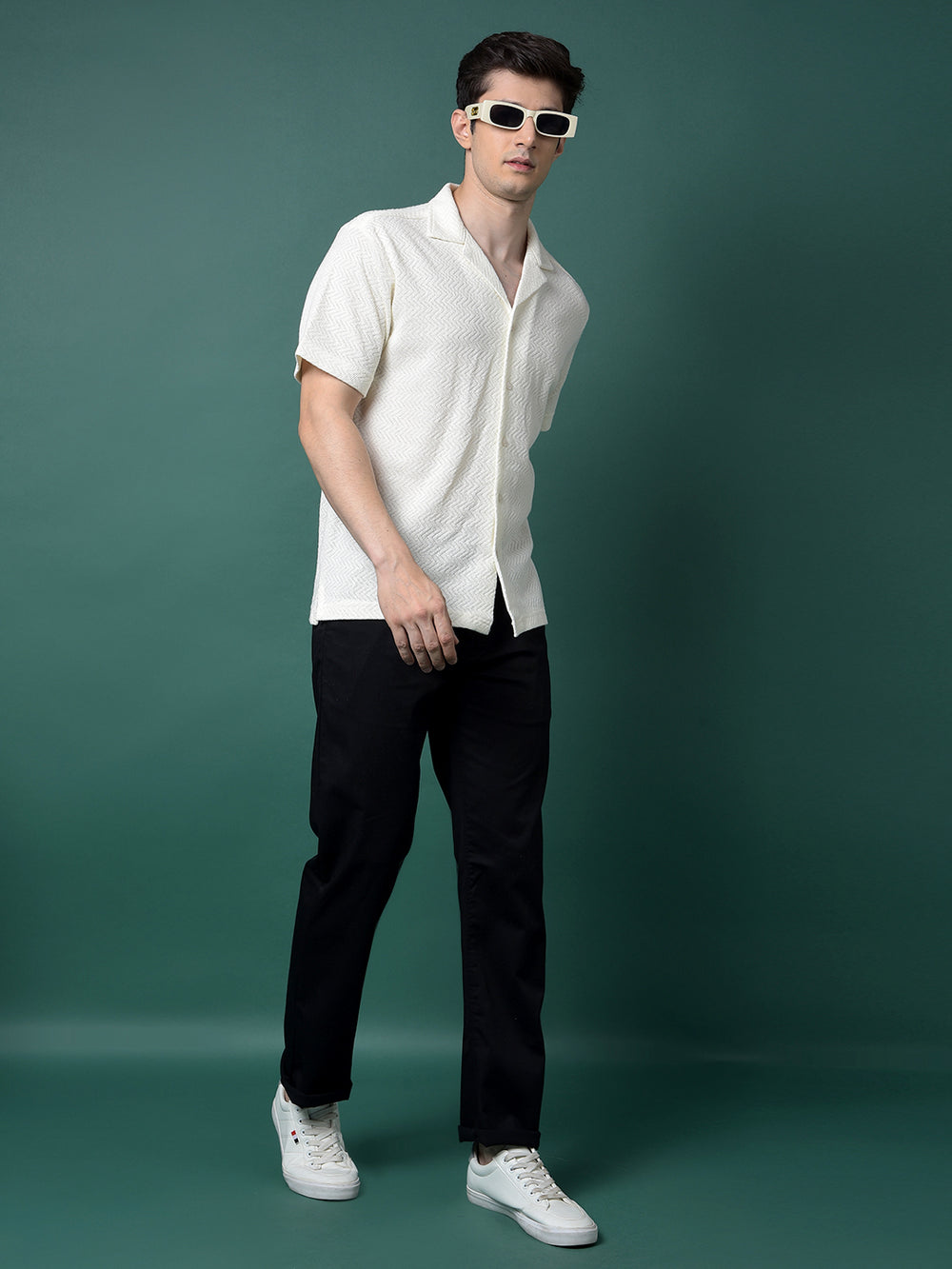 Cream Jacquard Resort Collar Shirt-Men Shirts-Crimsoune Club