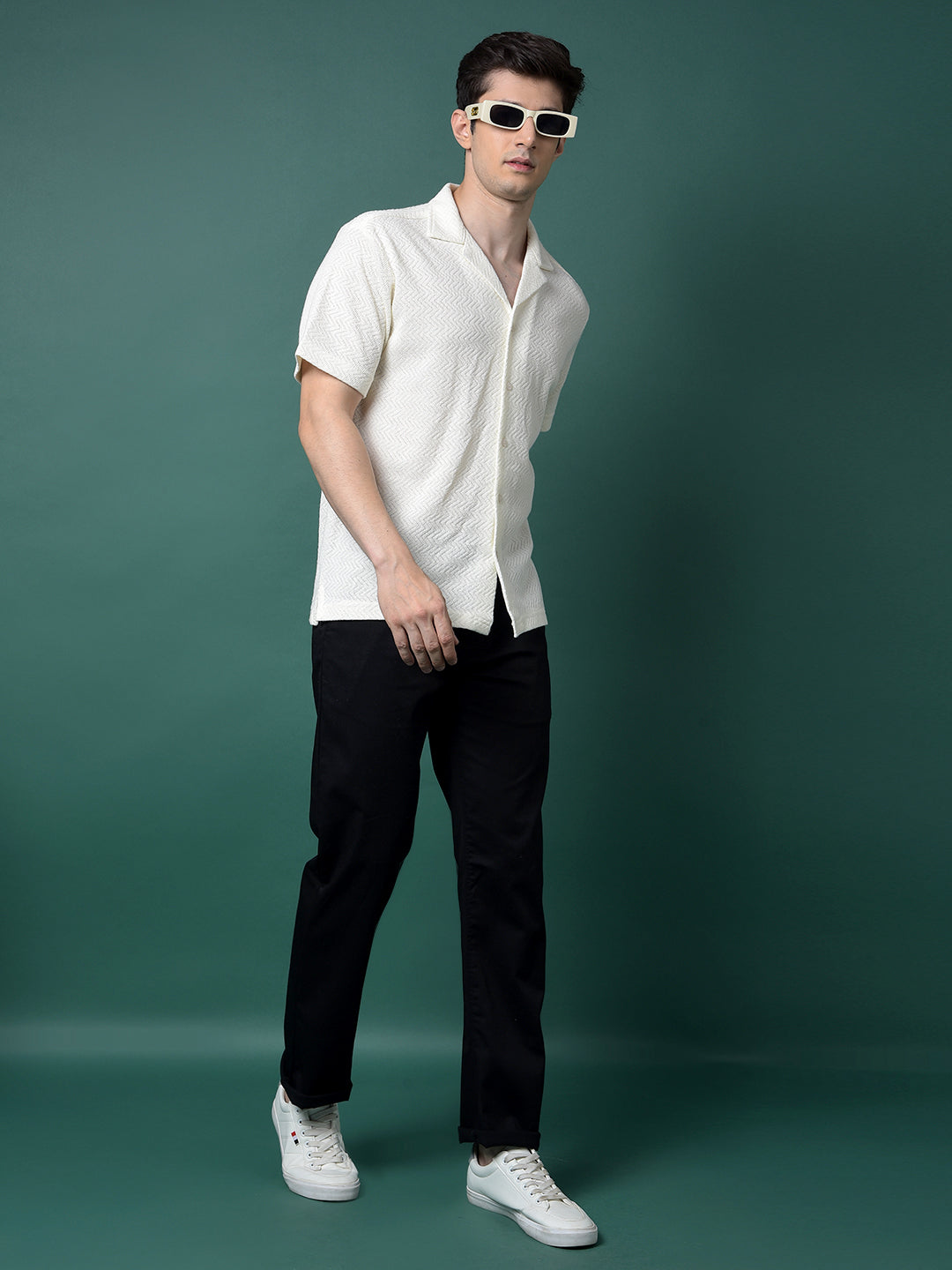 Cream Jacquard Resort Collar Shirt-Men Shirts-Crimsoune Club