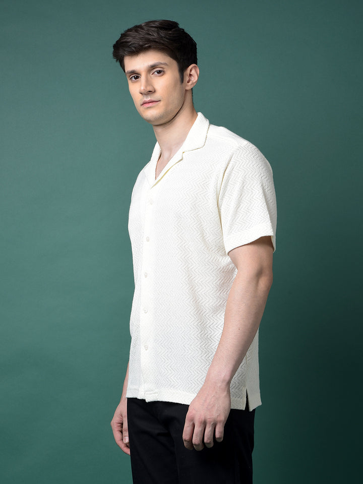 Cream Jacquard Resort Collar Shirt-Men Shirts-Crimsoune Club