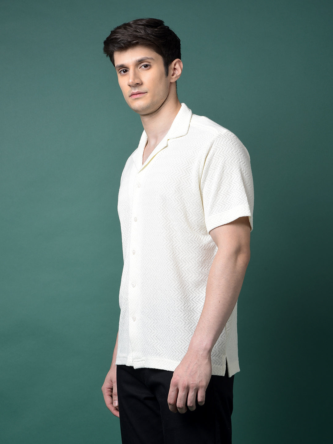 Cream Jacquard Resort Collar Shirt-Men Shirts-Crimsoune Club