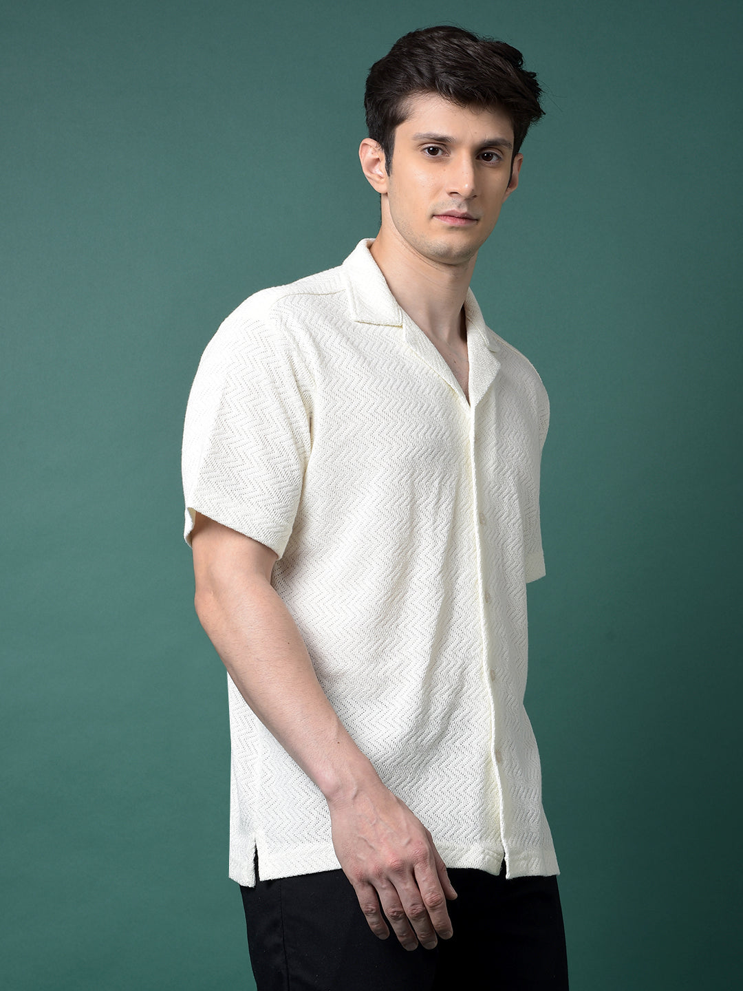 Cream Jacquard Resort Collar Shirt-Men Shirts-Crimsoune Club