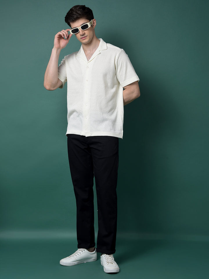 Cream Jacquard Resort Collar Shirt-Men Shirts-Crimsoune Club