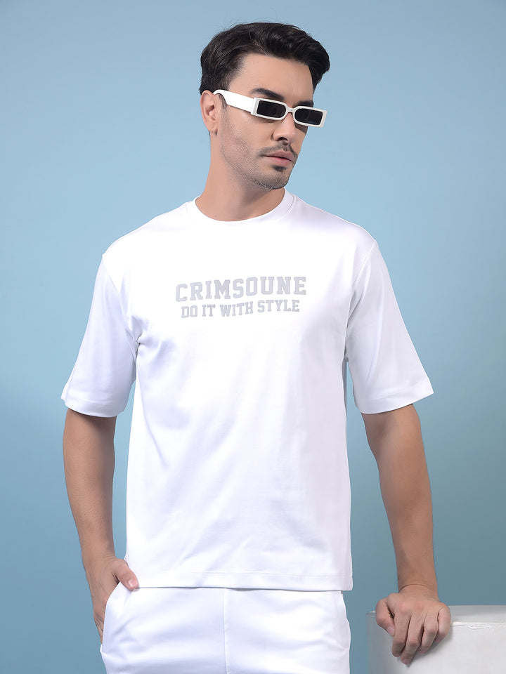 Men's White Typographic Print 100% Cotton Oversize T-Shirt-Men T-Shirts-Crimsoune Club