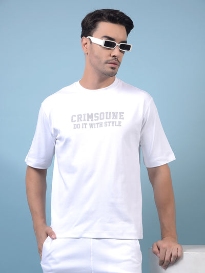Men's White Typographic Print 100% Cotton Oversize T-Shirt-Men T-Shirts-Crimsoune Club