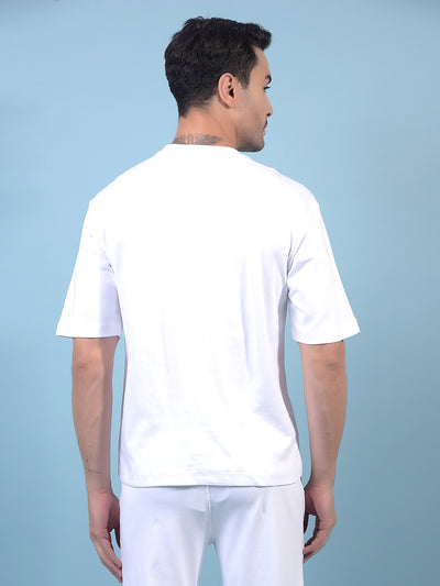 Men's White Typographic Print 100% Cotton Oversize T-Shirt-Men T-Shirts-Crimsoune Club
