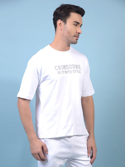 Men's White Typographic Print 100% Cotton Oversize T-Shirt-Men T-Shirts-Crimsoune Club