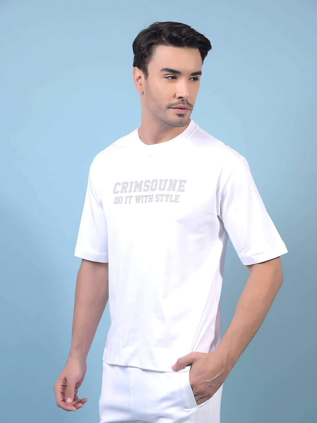 Men's White Typographic Print 100% Cotton Oversize T-Shirt-Men T-Shirts-Crimsoune Club