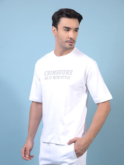Men's White Typographic Print 100% Cotton Oversize T-Shirt-Men T-Shirts-Crimsoune Club