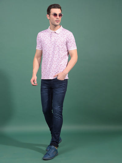 Pink Floral Print Polo Neck T-Shirt-Men T-Shirts-Crimsoune Club
