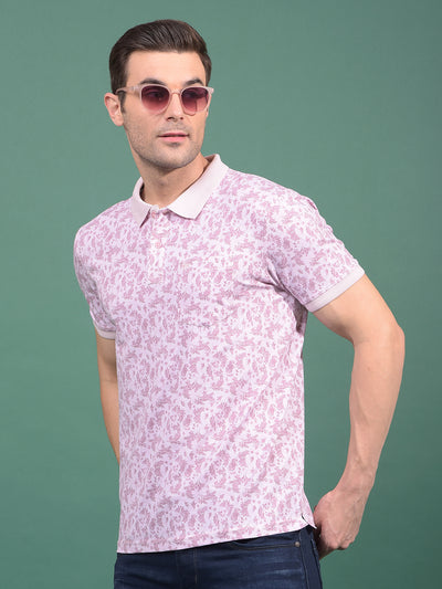 Pink Floral Print Polo Neck T-Shirt-Men T-Shirts-Crimsoune Club