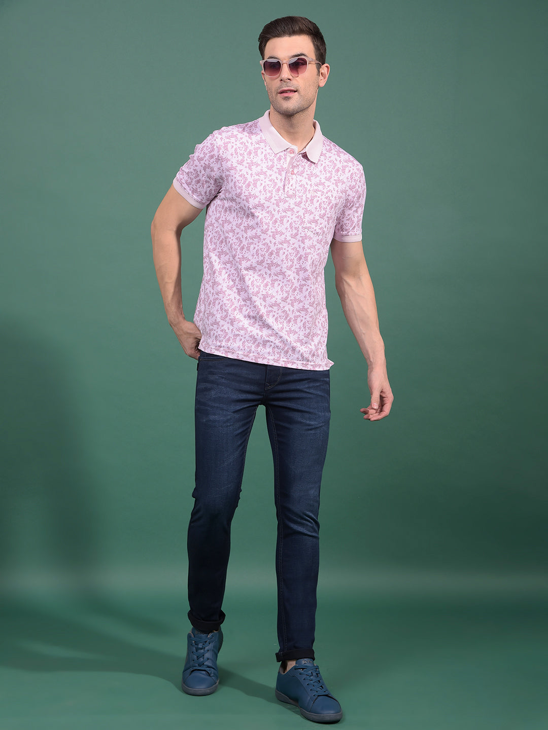 Pink Floral Print Polo Neck T-Shirt-Men T-Shirts-Crimsoune Club
