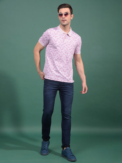 Pink Floral Print Polo Neck T-Shirt-Men T-Shirts-Crimsoune Club