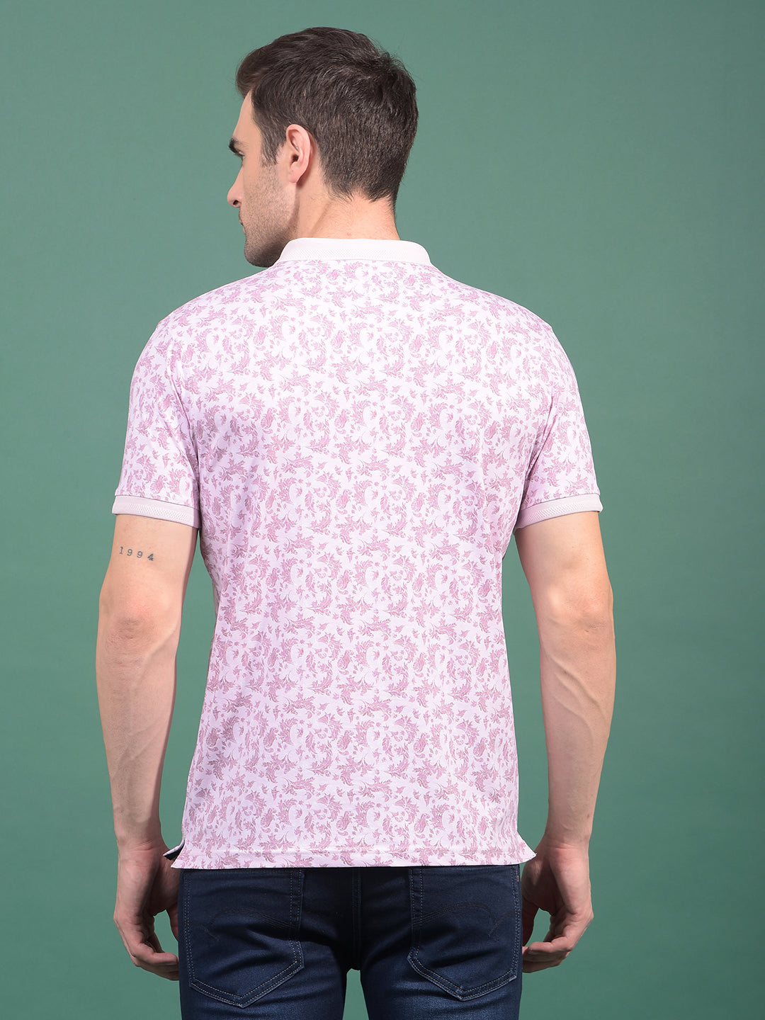 Pink Floral Print Polo Neck T-Shirt-Men T-Shirts-Crimsoune Club