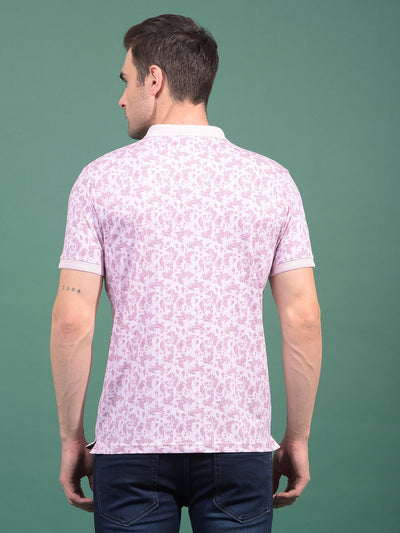 Pink Floral Print Polo Neck T-Shirt-Men T-Shirts-Crimsoune Club