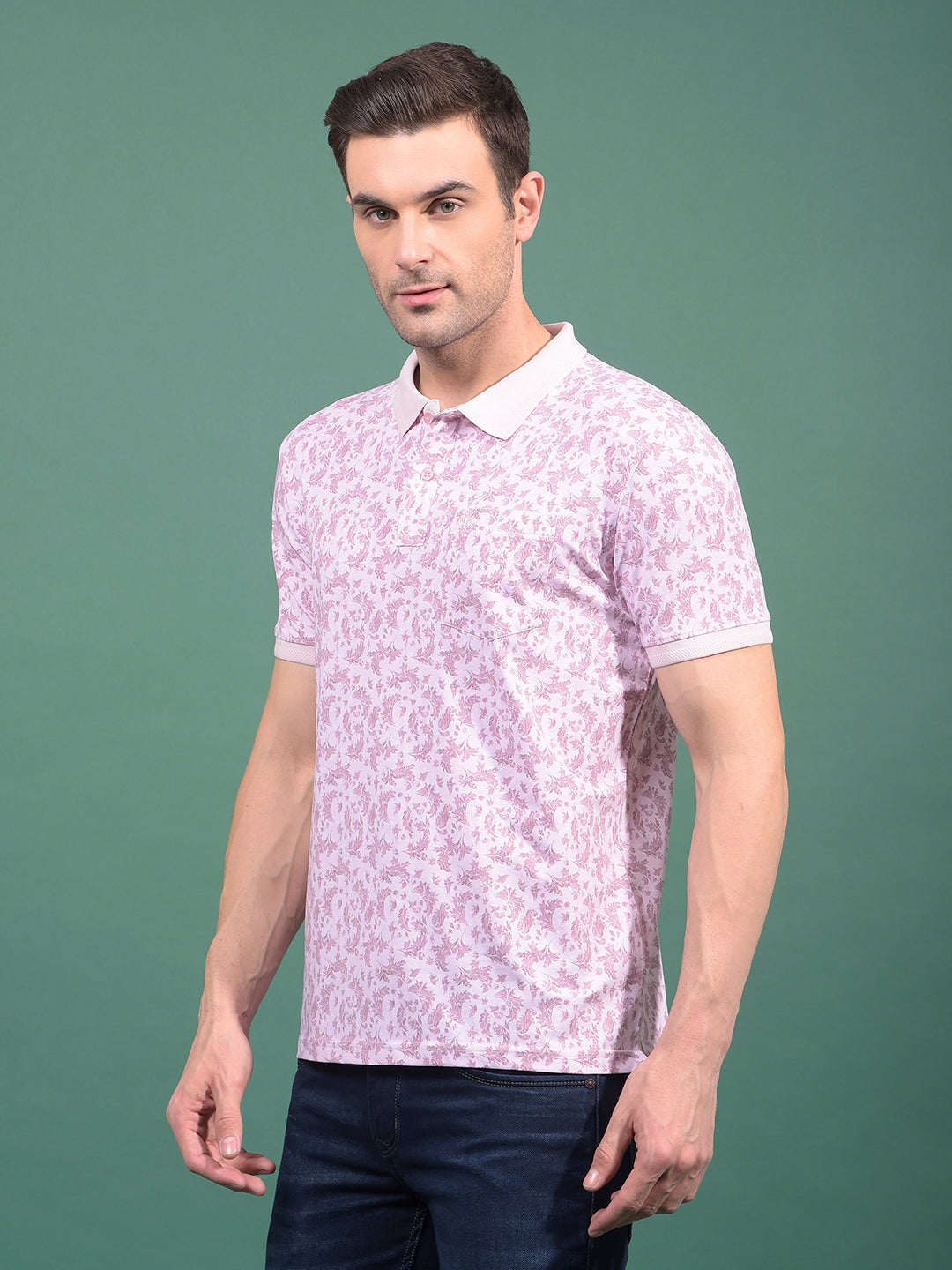 Pink Floral Print Polo Neck T-Shirt-Men T-Shirts-Crimsoune Club
