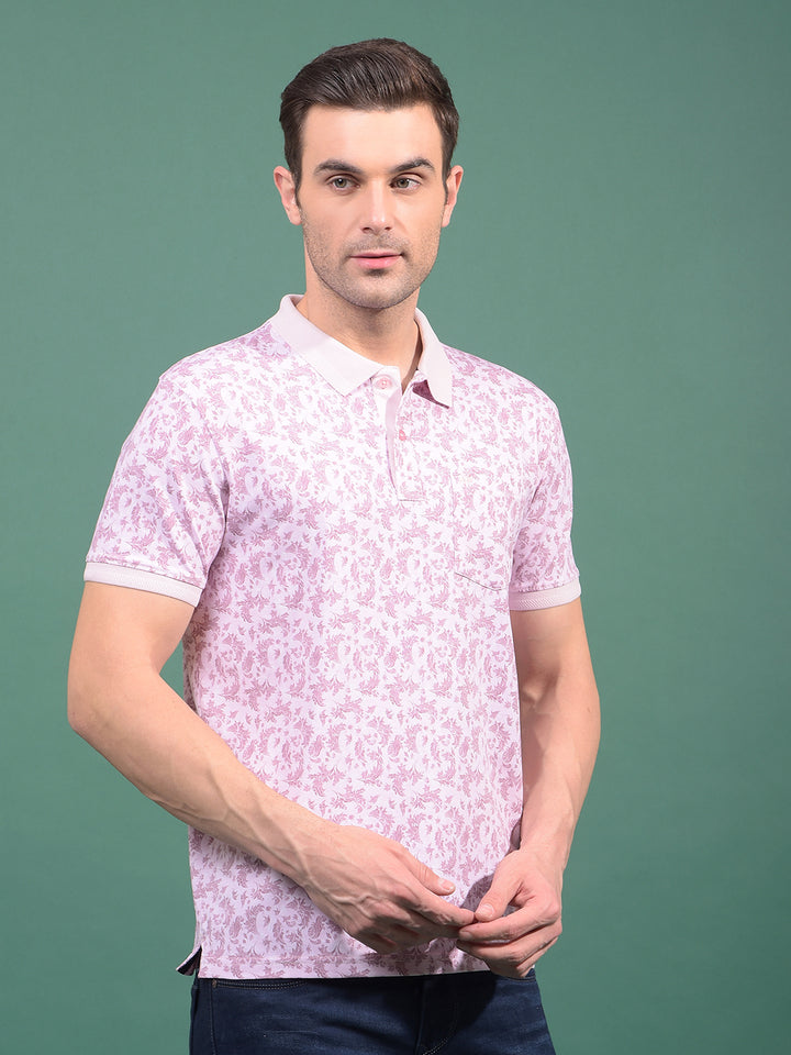 Pink Floral Print Polo Neck T-Shirt-Men T-Shirts-Crimsoune Club