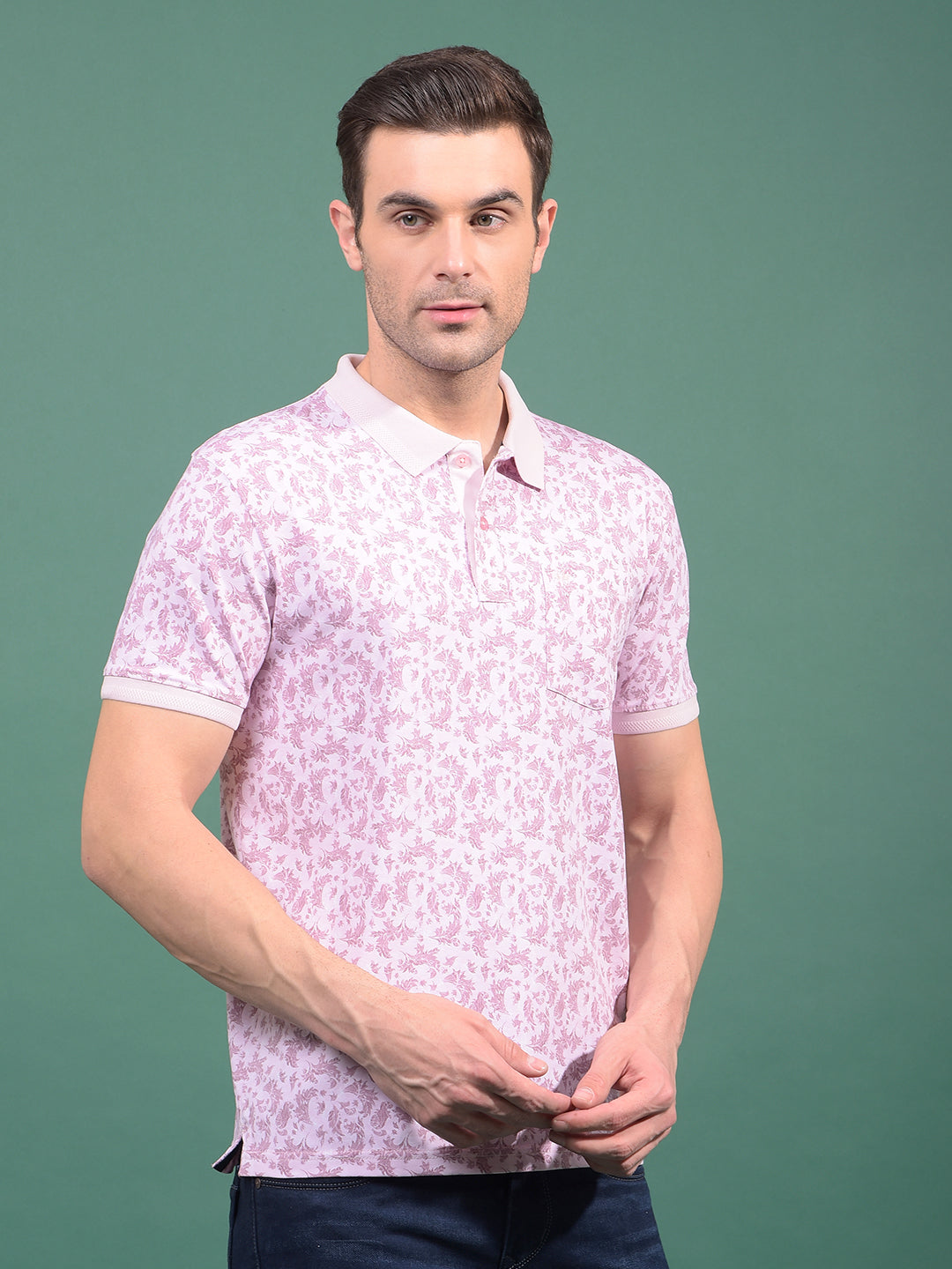 Pink Floral Print Polo Neck T-Shirt-Men T-Shirts-Crimsoune Club