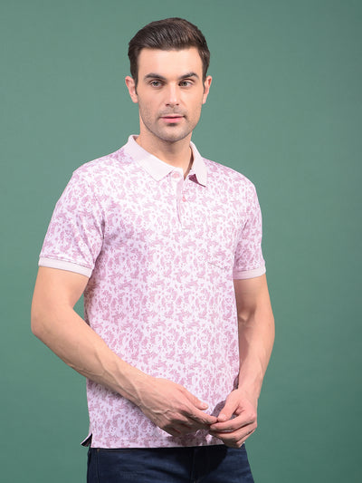 Pink Floral Print Polo Neck T-Shirt-Men T-Shirts-Crimsoune Club
