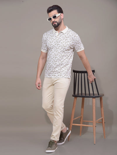 Olive Floral Print Polo Neck T-Shirt-Men T-Shirts-Crimsoune Club