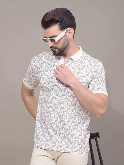 Olive Floral Print Polo Neck T-Shirt-Men T-Shirts-Crimsoune Club