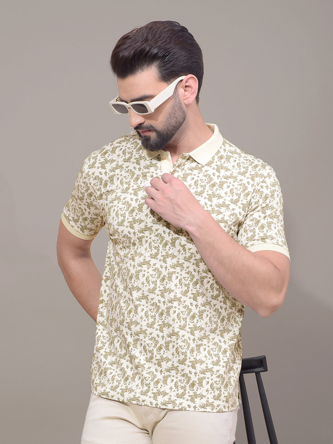 Olive Floral Print Polo Neck T-Shirt-Men T-Shirts-Crimsoune Club